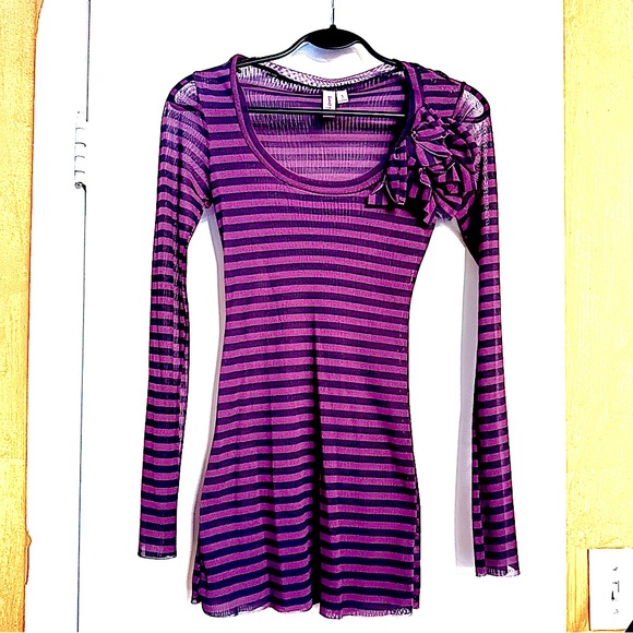 Sexy Soft Sweet Pea Purple Striped Semi-Sheer Mini Dress + Fabric Flower Detail! - Picture 3 of 9